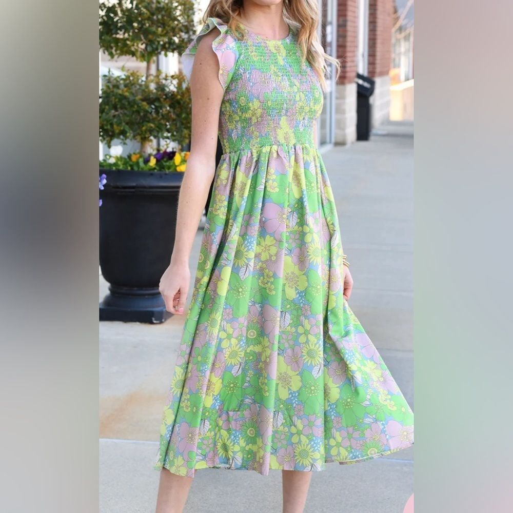 Sunday Up beautiful floral smocked pastel maxi dress.